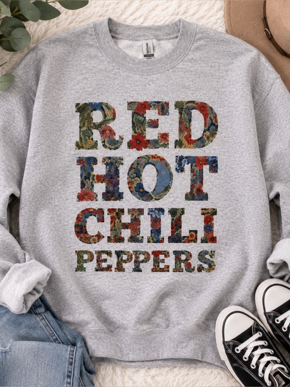 Red Hot Chili Peppers Inspired Floral Graphic Crewneck Sweatshirt Gray Large